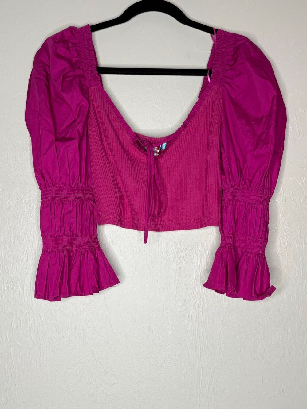 Urban Outfitters Women's Pink puff Sleeve Smocked Crop Peasant Blouse Large-216